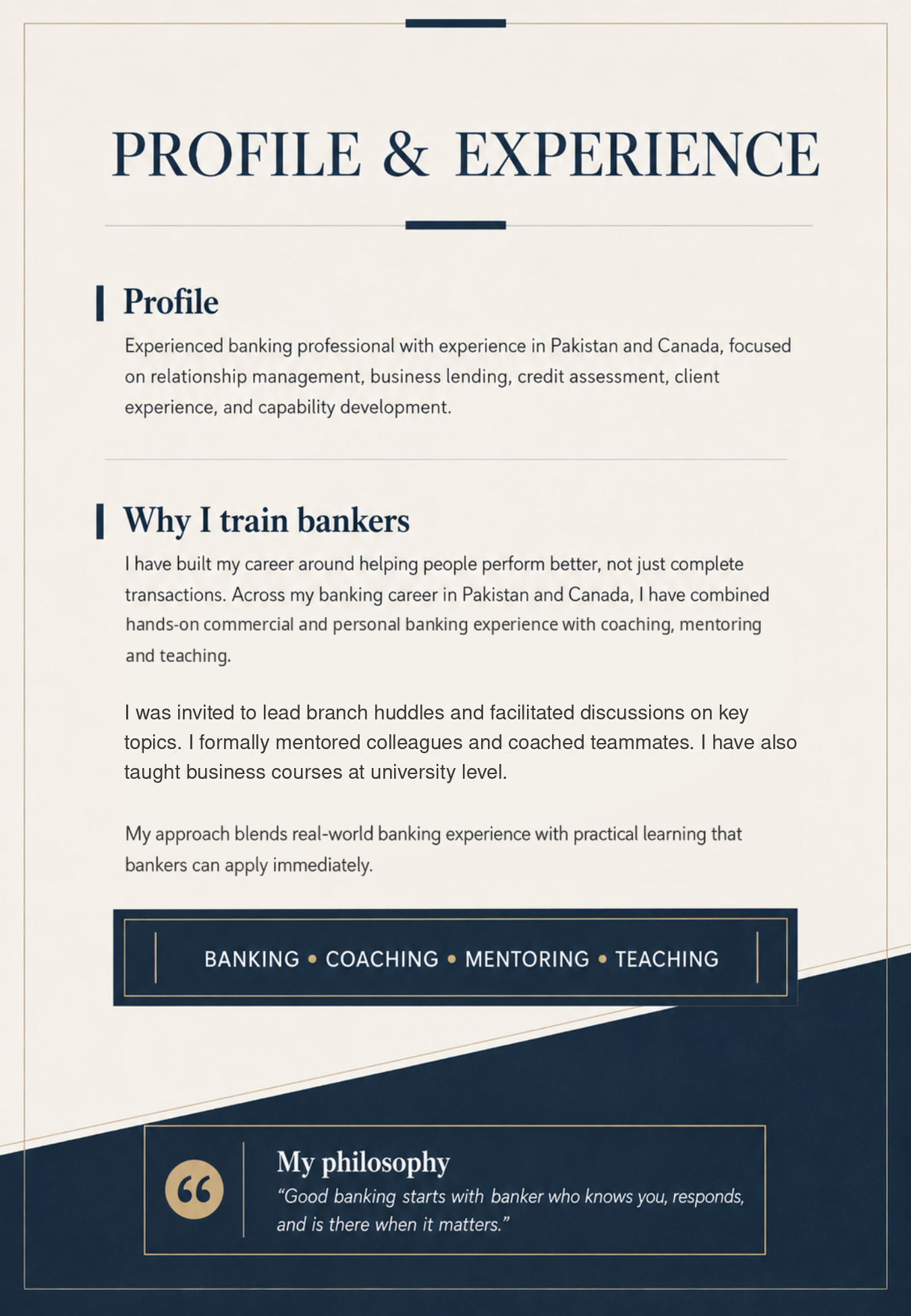 Profile & Experience page from the Hashim Khan training portfolio