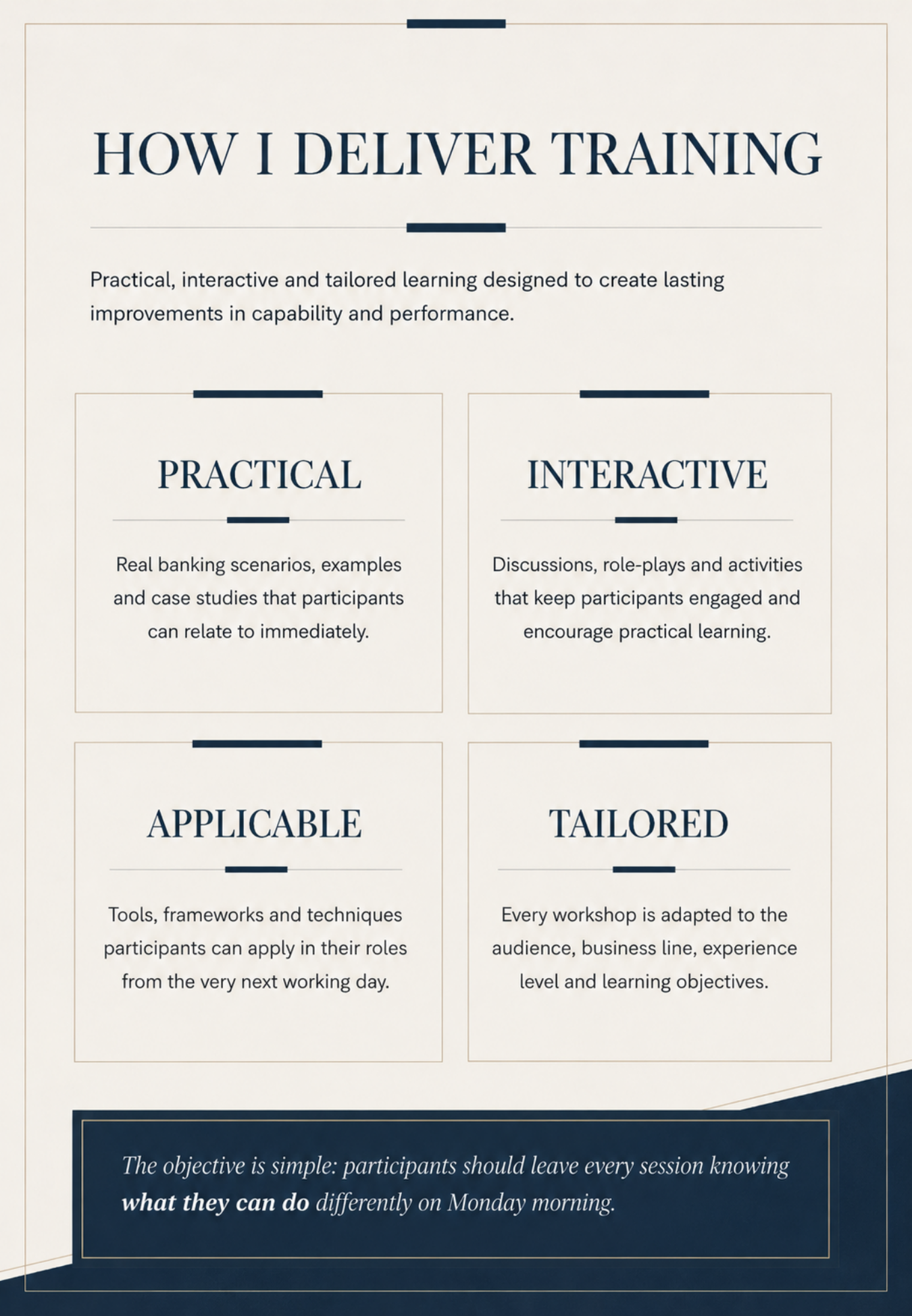 How I Deliver Training page from the Hashim Khan training portfolio